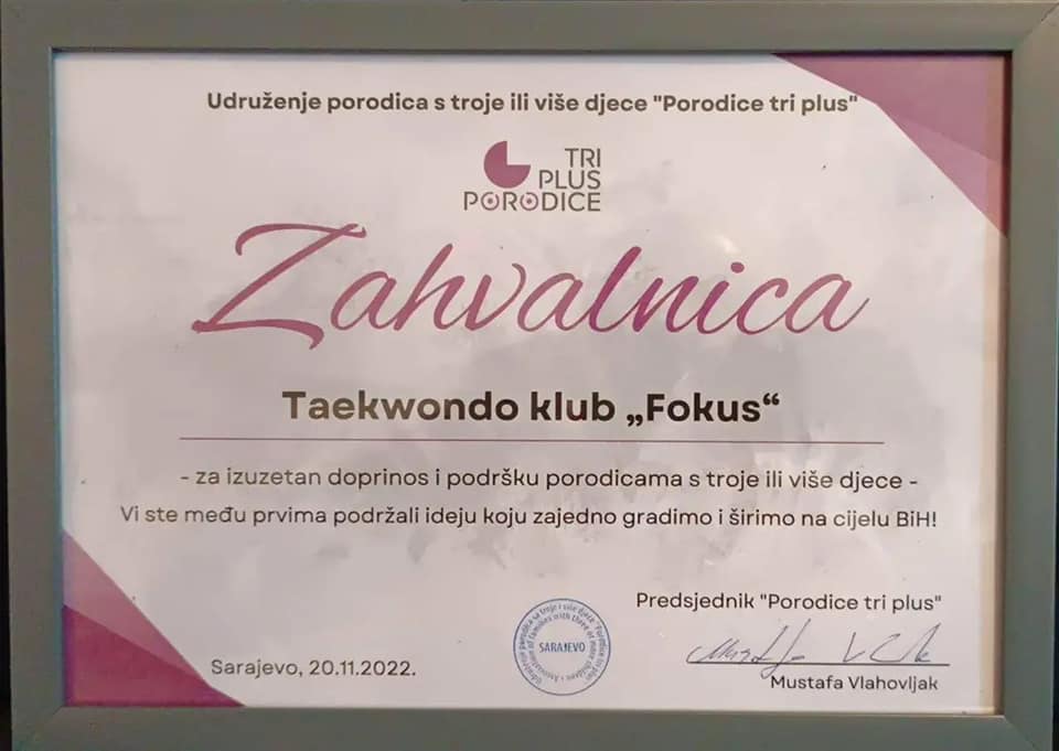 “DANI SRETNIH PORODICA” Posebno priznanje za naš klub